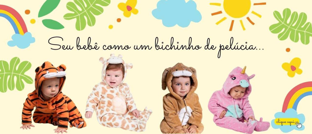 Imagem propaganda de quatro bebês vestindo roupas temáticas de tigre, girafa, coelho e unicórnio. Flores decoram ao fundo.]