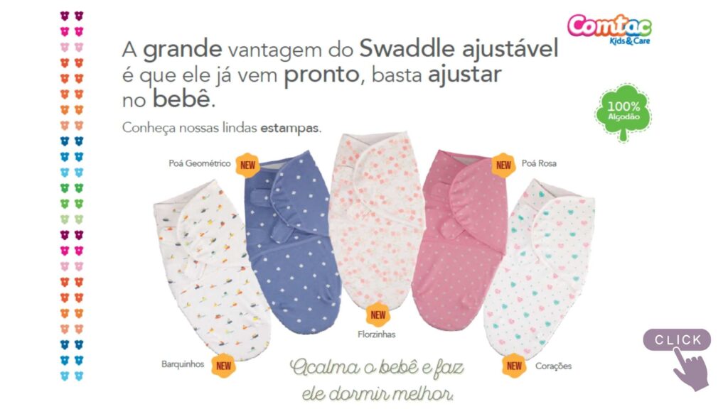 Imagem de cinco modelos estampados de swaddle para embrulhar bebê. Em volta dos modelos, escritos descrevem os produtos.