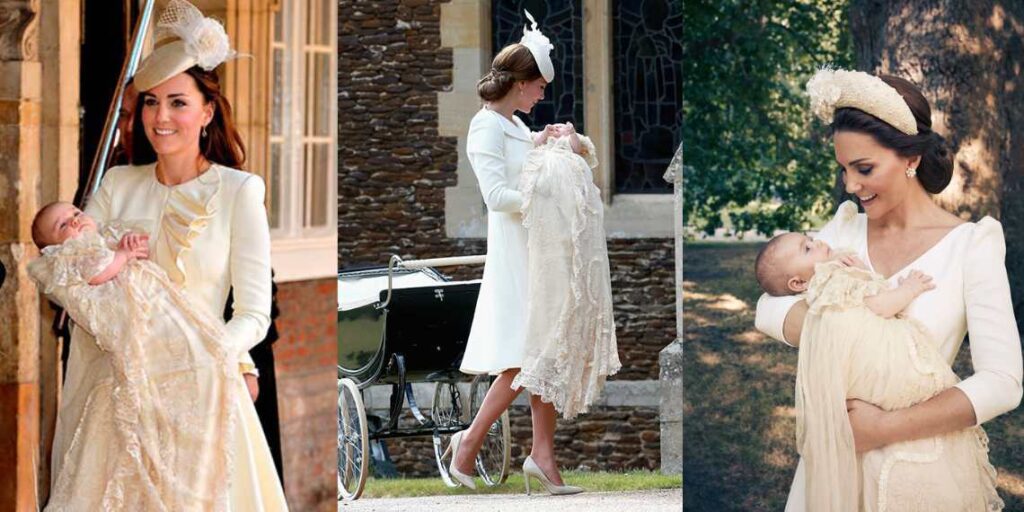 Imagens dos batizados do príncipe George, da princesa Charlotte e do príncipe Louis, todos usando o mesmo mandrião.